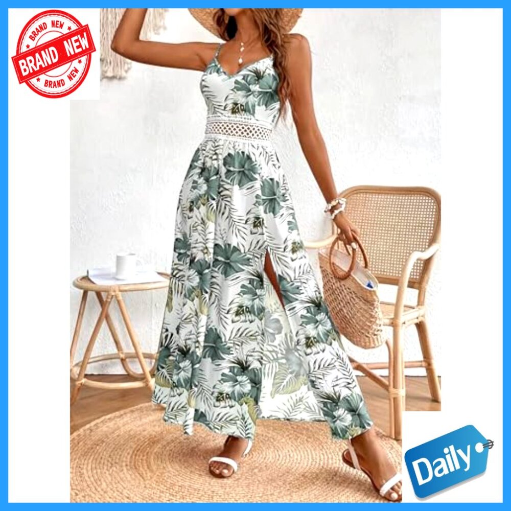 Floral Maxi Dress Sleeveless V-Neck Boho Beach Vacation Summer - Picture 3 of 6